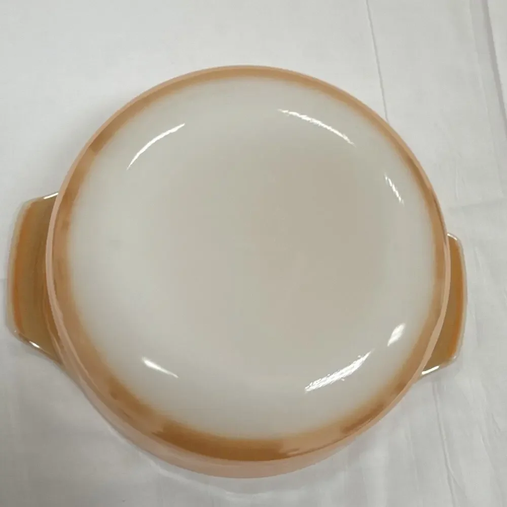Fire king Round Pink/White Glass Casserole Dish w/ Handles, Glossy Finish, 9 in